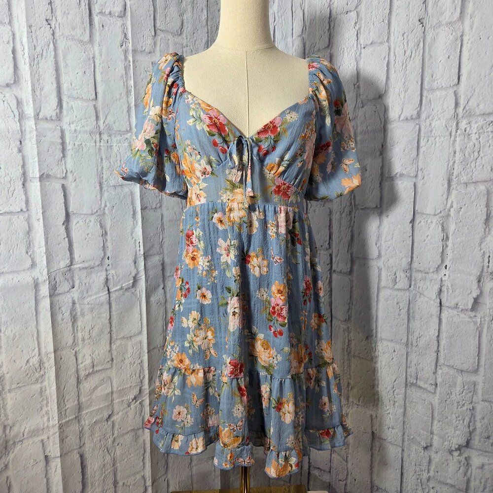 Altar'd State Medium Blue Floral Print Casual Boho Open Back Bow Mini Dress